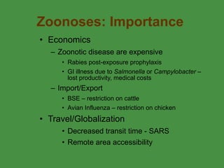 Zoonoses: Importance Economics  Zoonotic disease are expensive Rabies post-exposure prophylaxis GI illness due to  Salmonella  or  Campylobacter  – lost productivity, medical costs  Import/Export BSE – restriction on cattle Avian Influenza – restriction on chicken Travel/Globalization Decreased transit time - SARS Remote area accessibility 