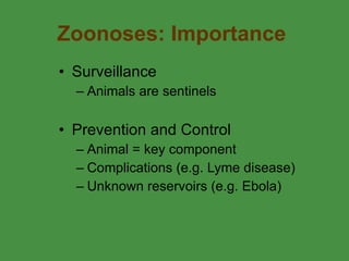 Zoonoses: Importance Surveillance Animals are sentinels Prevention and Control Animal = key component Complications (e.g. Lyme disease) Unknown reservoirs (e.g. Ebola)  