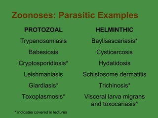 Zoonoses: Parasitic Examples * indicates covered in lectures  PROTOZOAL HELMINTHIC Trypanosomiasis Baylisascariasis* Babesiosis Cysticercosis Cryptosporidiosis* Hydatidosis Leishmaniasis Schistosome dermatitis Giardiasis* Trichinosis* Toxoplasmosis* Visceral larva migrans and toxocariasis* 