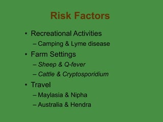 Risk Factors Recreational Activities  Camping & Lyme disease Farm Settings Sheep & Q-fever Cattle & Cryptosporidium Travel  Maylasia & Nipha Australia & Hendra 