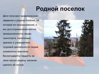 Родной поселок
Дети получают краеведческие
сведения о родном посёлке, об
истории его возникновения, о
его достопримечательностях,
промышленности, видах
транспорта, поселковых
зданиях и учреждениях,
трудовой деятельности людей,
знаменитых земляках.
Воспитывается гордость за
свою малую родину, желание
сделать её лучше.
 