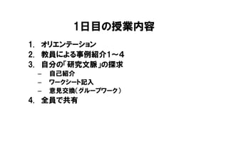 1日目の授業内容
1. オリエンテーション
2. 教員による事例紹介1～４
3. 自分の「研究文脈」の探求
 –   自己紹介
 –   ワークシート記入
 –   意見交換（グループワーク）
4. 全員で共有
 