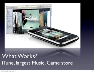 What Works?
  iTune, largest Music, Game store
Wednesday, 28 September, 11          12
 