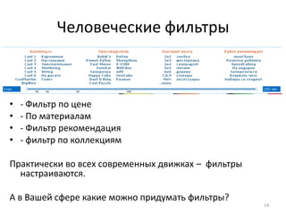Человеческие фильтры



•   - Фильтр по цене
•   - По материалам
•   - Фильтр рекомендация
•   - фильтр по коллекциям

Практически во всех современных движках – фильтры
  настраиваются.

А в Вашей сфере какие можно придумать фильтры?
                                                    14
 
