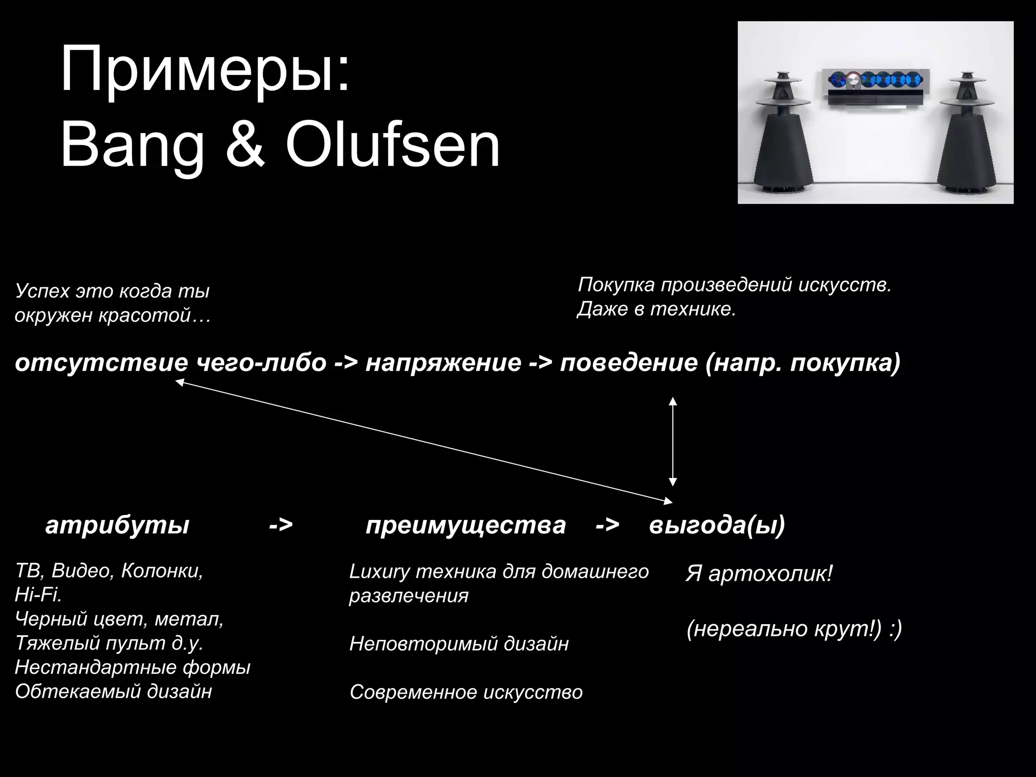 Примеры:
    Bang & Olufsen

Успех это когда ты                               Покупка произведений искусств.
окружен красотой…                                Даже в технике.

отсутствие чего-либо -> напряжение -> поведение (напр. покупка)




  атрибуты            ->    преимущества           ->   выгода(ы)
ТВ, Видео, Колонки,        Luxury техника для домашнего    Я артохолик!
Hi-Fi.                     развлечения
Черный цвет, метал,
                                                           (нереально крут!) :)
Тяжелый пульт д.у.         Неповторимый дизайн
Нестандартные формы
Обтекаемый дизайн          Современное искусство
 