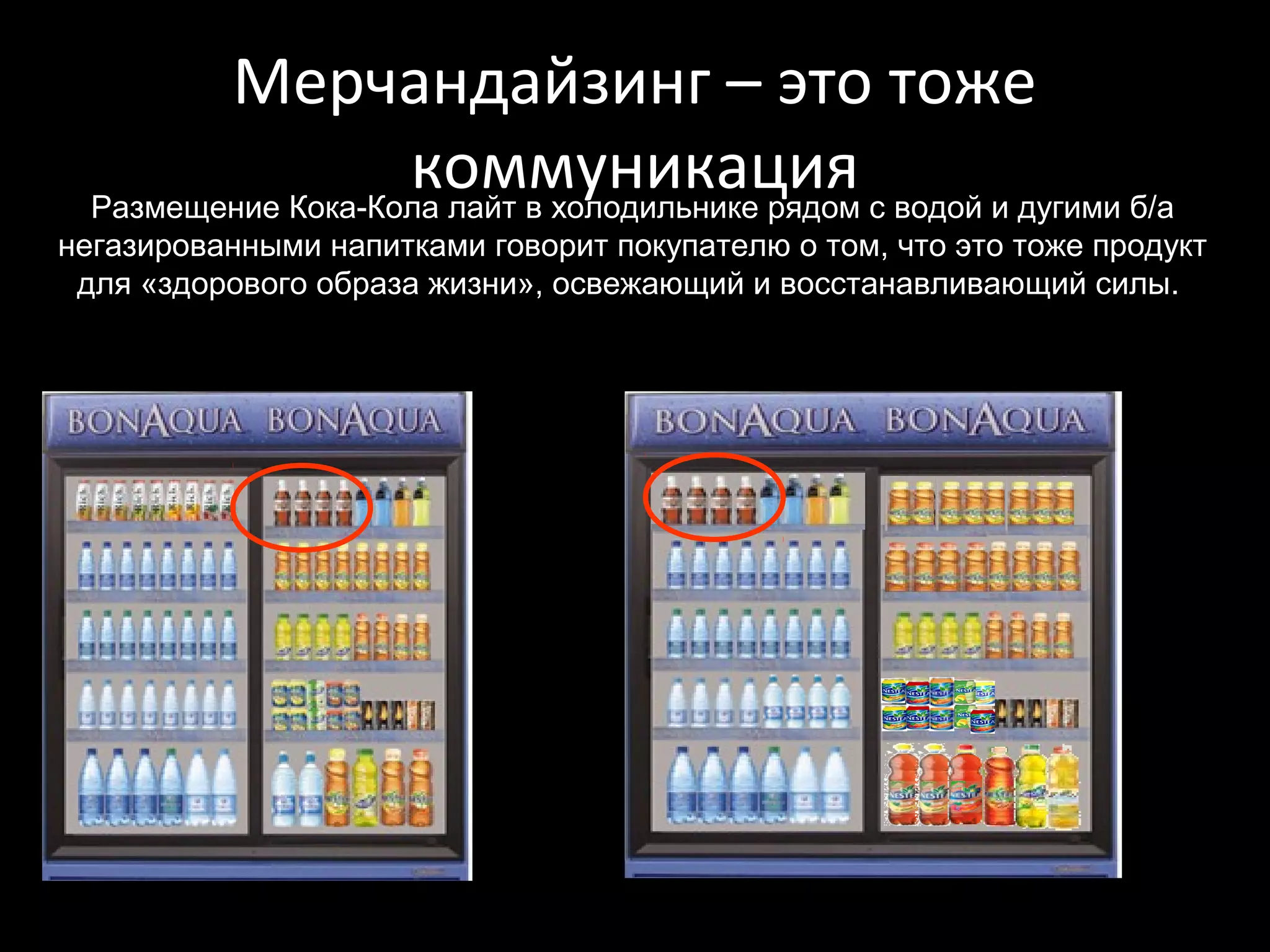 Мерчандайзинг – это тоже
                    коммуникация с водой и дугими б/а
  Размещение Кока-Кола лайт в холодильнике рядом
негазированными напитками говорит покупателю о том, что это тоже продукт
 для «здорового образа жизни», освежающий и восстанавливающий силы.
 