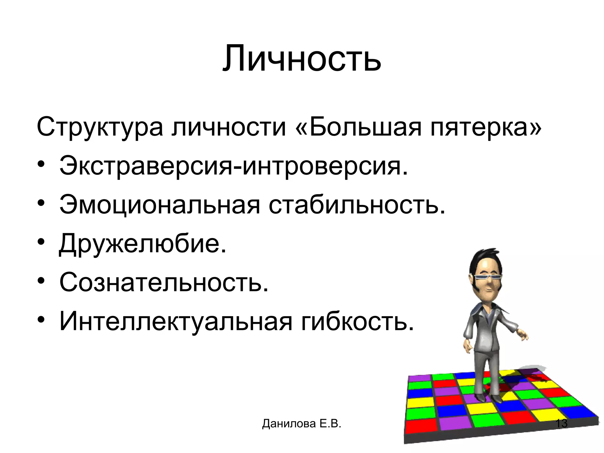 Личность Структура личности «Большая пятерка» Экстраверсия-интроверсия. Эмоциональная стабильность. Дружелюбие. Сознательность. Интеллектуальная гибкость. Данилова Е.В. 