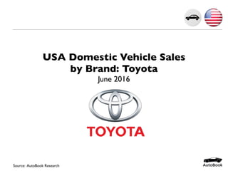 USA Domestic Vehicle Sales
by Brand: Toyota
June 2016
Source: AutoBook Research
 