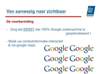 Loyalty programma, guest invites guestVan aanwezig naar zichtbaar243. Verbeteren van  gemiddelde besteding - Gastvriendelijkheid training (aan tafel, telefoon) @learning- Informatie aan personeel & voor gasten (www.passievoordehoreca.nl- Goede en slimme menukaart/brochure/website- Professionele bediening( gaming:  Raising the bar, Eventgame) - Menu engineering (www.kenniscentrumhoreca.nl)- Gezonde prijspolitiek ( laagste prijsgarantie op eigen site)- Acties communiceren ( twitter, youtube, narrowcasting)