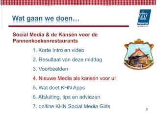 Wat gaan we doen…Social Media & de Kansen voor de Pannenkoekenrestaurants1. Korte Intro en video              2. Resultaat van deze middag              3. Voorbeelden              4. Nieuwe Media als kansen voor u!              5. Wat doet KHN Apps              6. Afsluiting, tips en adviezen              7. on/line KHN Social Media Gids3