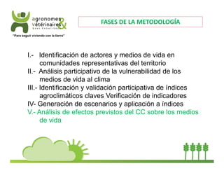 “Para seguir viviendo con la tierra” 
I.- Identificación de actores y medios de vida en 
comunidades representativas del territorio 
II.- Análisis participativo de la vulnerabilidad de los 
medios de vida al clima 
III.- Identificación y validación participativa de índices 
agroclimáticos claves Verificación de indicadores 
IV- Generación de escenarios y aplicación a índices 
V.- Análisis de efectos previstos del CC sobre los medios 
de vida 
FASES DE LA METODOLOGÍA 
 
