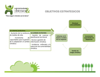 OBJETIVOS ESTRATEGICOS 
Los sistemas productivos 
‐ Aumento de la resiliencia 
de medios de vida. 
‐ Incremento de 
capacidades para la gestión 
de la adaptación al cambio 
climático 
Las unidades territoriales 
‐ Gestión de cuencas y 
planificación territorial 
‐ Acceso y gestión de 
información climática 
‐ Incidencia enfocada a la 
reducción de vulnerabilidad 
climática 
Disminuir 
vulnerabilidades 
Incrementar 
capacidades de 
adaptación 
Gestión de 
riesgos climático 
Enfrentar el CC 
desde el análisis 
de sus impactos 
“Para seguir viviendo con la tierra” 
 