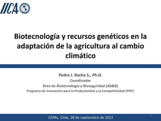 Biotecnología y recursos genéticos en la
adaptación de la agricultura al cambio
climático
Pedro J. Rocha S., Ph.D.
Coordinador
Área de Biotecnología y Bioseguridad (AB&B)
Programa de Innovación para la Productividad y la Competitividad (PIPC)
CEPAL, Chile, 28 de septiembre de 2012
1
 