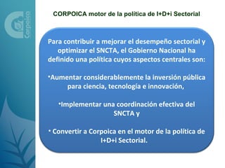CORPOICA motor de la política de I+D+i Sectorial



Para contribuir a mejorar el desempeño sectorial y
   optimizar el SNCTA, el Gobierno Nacional ha
definido una política cuyos aspectos centrales son:

•Aumentar considerablemente la inversión pública
     para ciencia, tecnología e innovación,

   •Implementar una coordinación efectiva del
                   SNCTA y

• Convertir a Corpoica en el motor de la política de
                 I+D+i Sectorial.
 