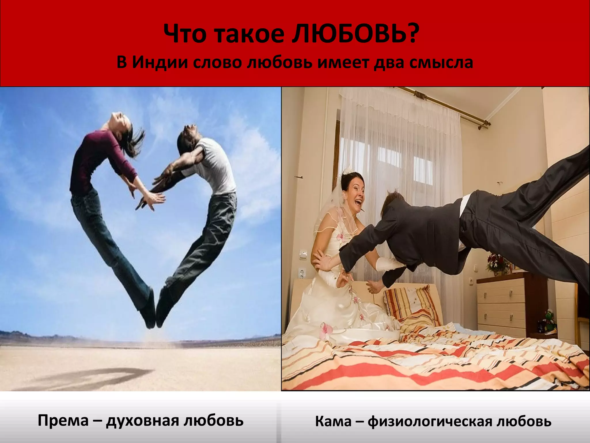 Према – духовная любовь Кама – физиологическая любовь Что такое ЛЮБОВЬ?  В Индии слово любовь имеет два смысла 