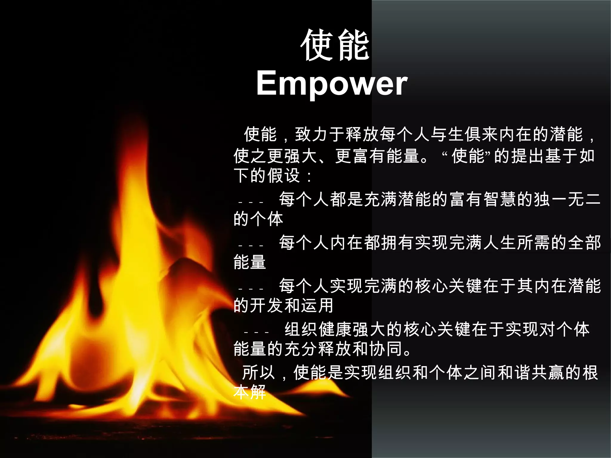 使能 Empower  使能，致力于释放每个人与生俱来内在的潜能，使之更强大、更富有能量。 “使能”的提出基于如下的假设：  ---  每个人都是充满潜能的富有智慧的独一无二的个体  ---  每个人内在都拥有实现完满人生所需的全部能量 ---  每个人实现完满的核心关键在于其内在潜能的开发和运用 ---  组织健康强大的核心关键在于实现对个体能量的充分释放和协同。 所以，使能是实现组织和个体之间和谐共赢的根本解  