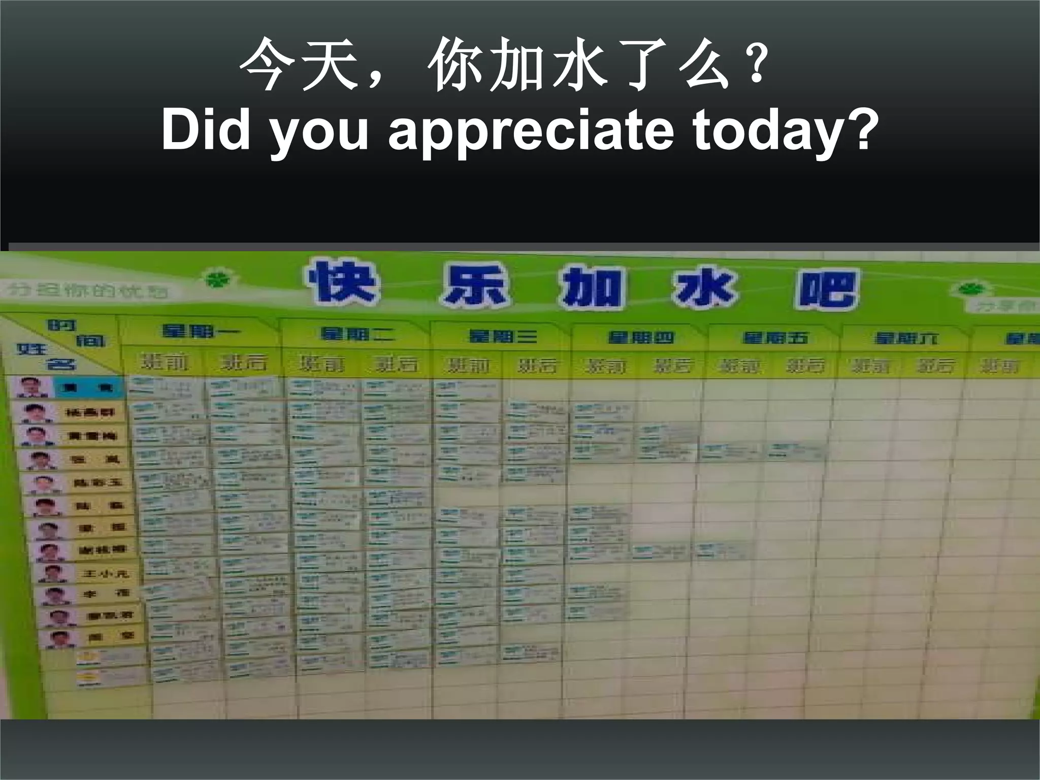 今天，你加水了么？ Did you appreciate today? 