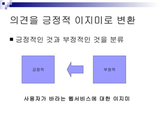 의견을 긍정적 이지미로 변환 긍정적인 것과 부정적인 것을 분류 긍정적 부정적 사용자가 바라는 웹서비스에 대한 이지미 