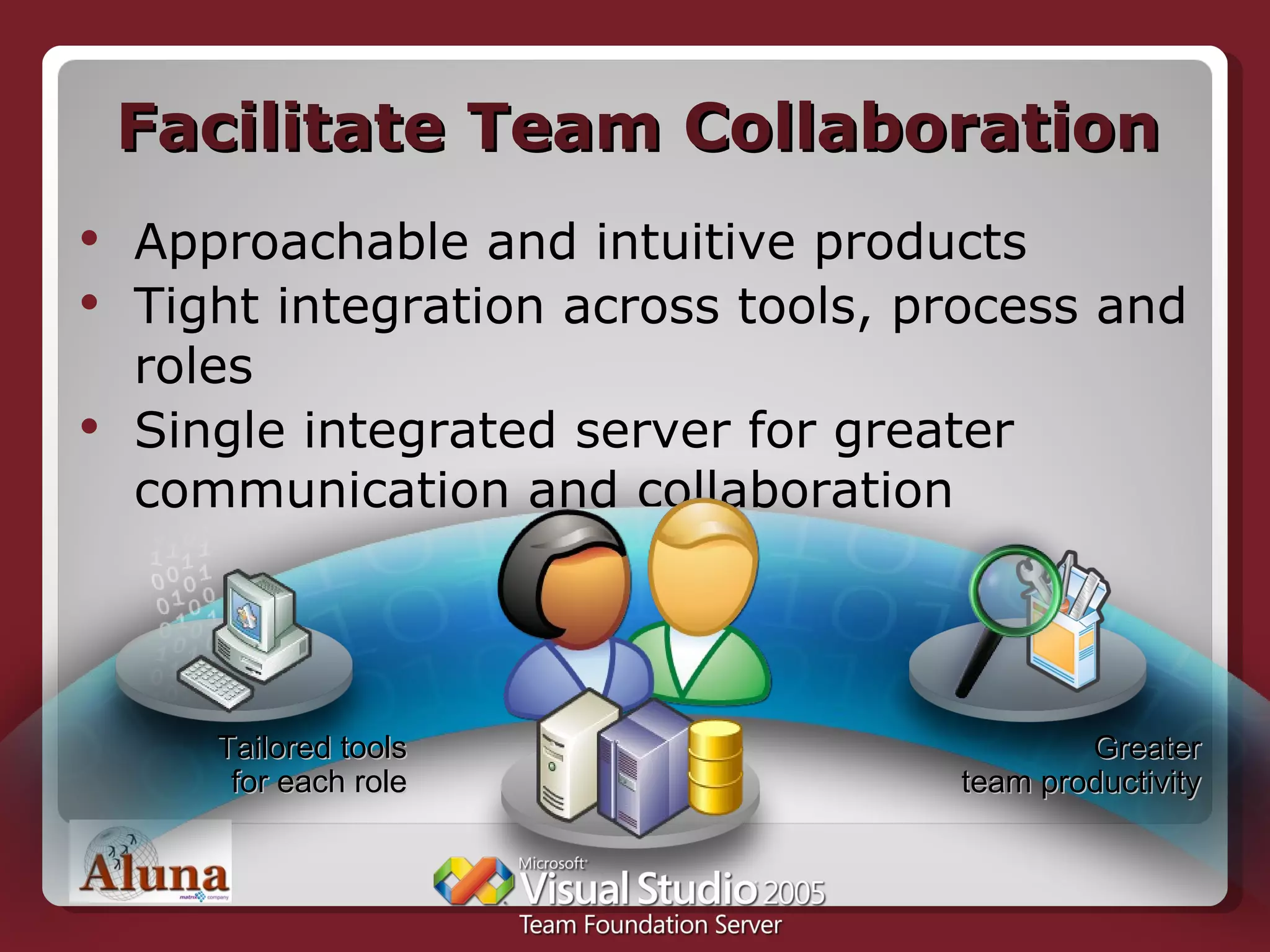Facilitate Team Collaboration Approachable and intuitive products Tight integration across tools, process and roles Single integrated server for greater communication and collaboration Tailored tools for each role Greater team productivity 