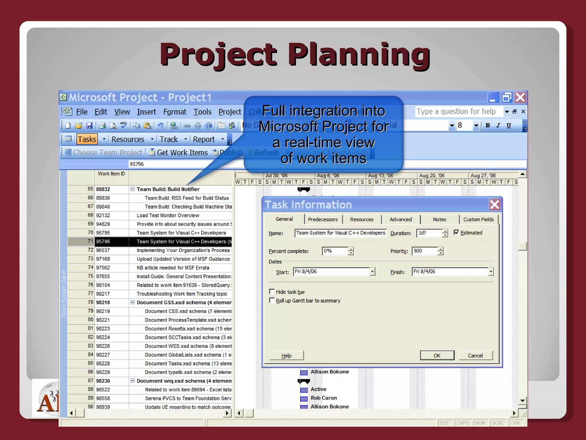 Project Planning Full integration into Microsoft Project for a real-time view of work items 