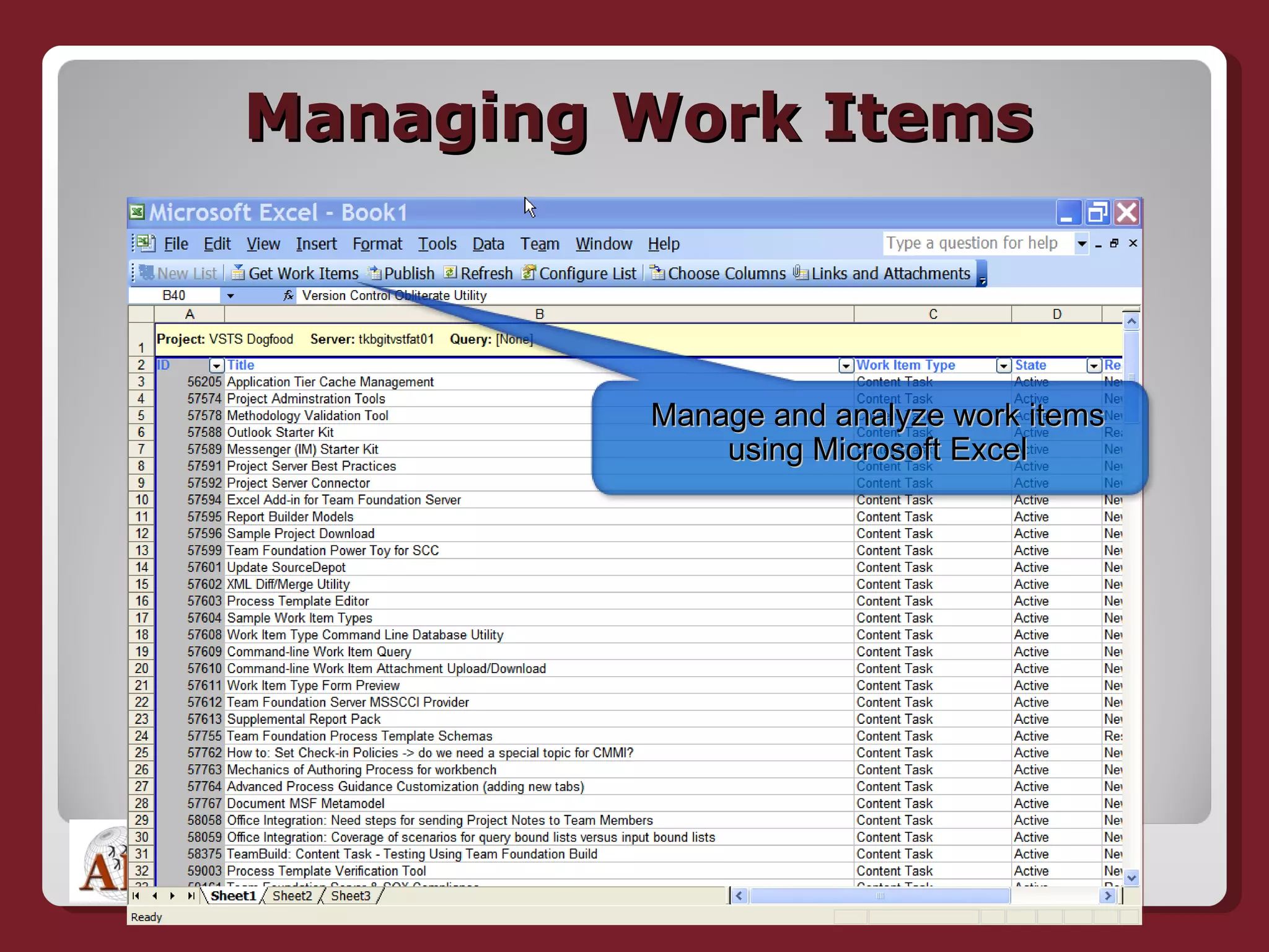 Managing Work Items Manage and analyze work items using Microsoft Excel 