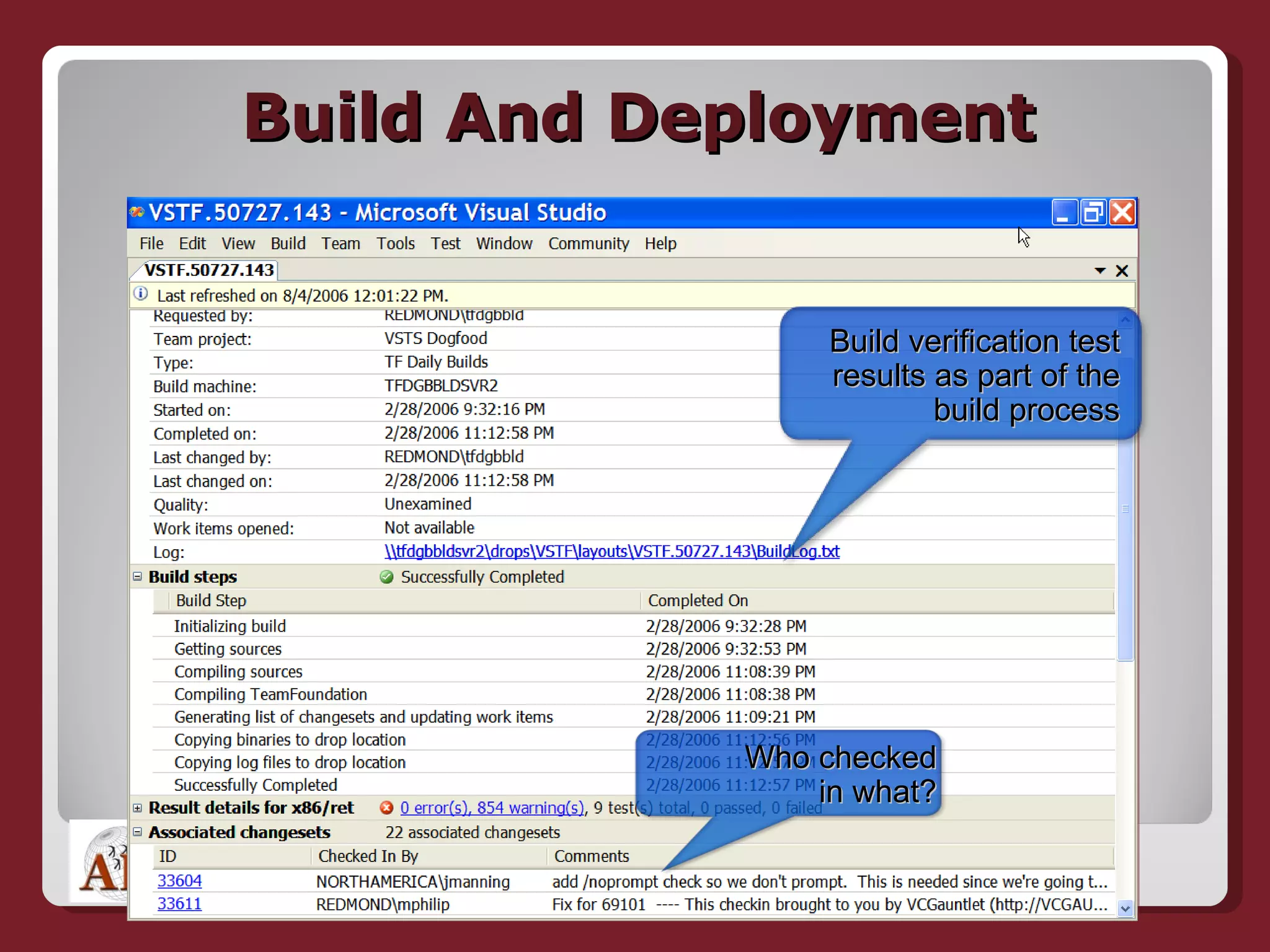 Build And Deployment Build verification test results as part of the build process Who checked in what? 