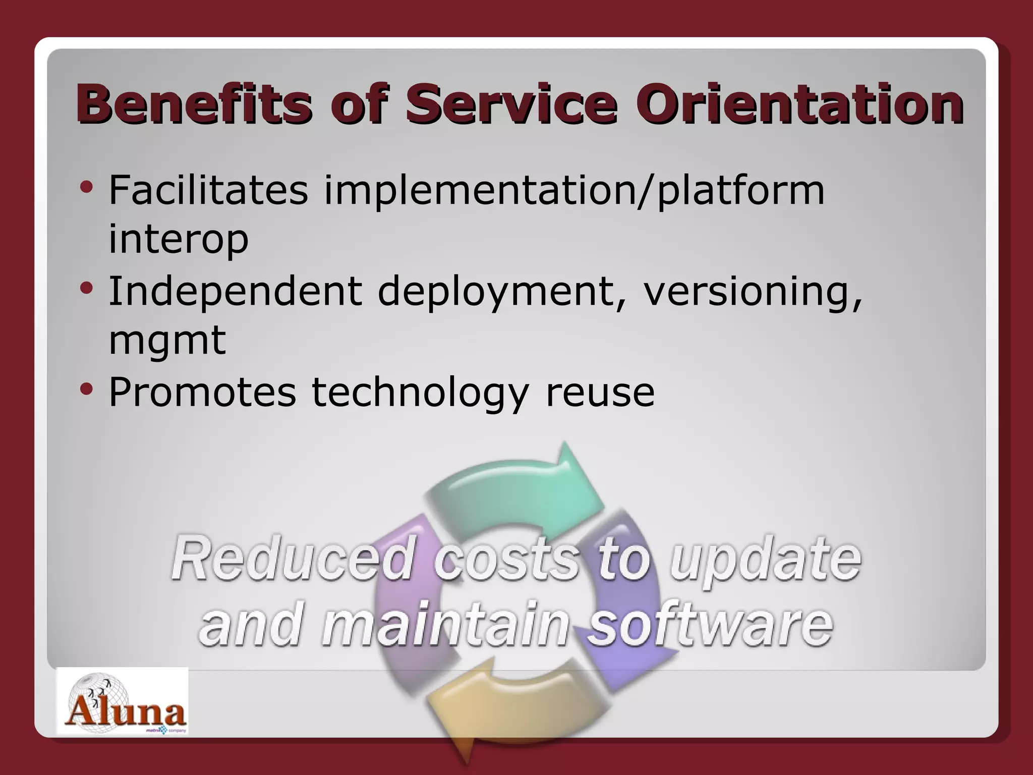Benefits of Service Orientation Facilitates implementation/platform interop Independent deployment, versioning, mgmt Promotes technology reuse 