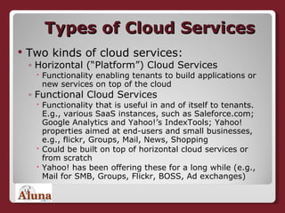 Types of Cloud Services Two kinds of cloud services: Horizontal (“Platform”) Cloud Services Functionality enabling tenants to build applications or new services on top of the cloud Functional Cloud Services  Functionality that is useful in and of itself to tenants. E.g., various SaaS instances, such as Saleforce.com; Google Analytics and Yahoo!’s IndexTools; Yahoo! properties aimed at end-users and small businesses, e.g., flickr, Groups, Mail, News, Shopping  Could be built on top of horizontal cloud services or from scratch Yahoo! has been offering these for a long while (e.g., Mail for SMB, Groups, Flickr, BOSS, Ad exchanges) 