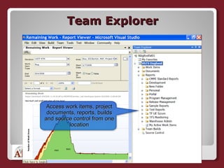 Team Explorer Access work items, project documents, reports, builds and source control from one location 