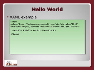 Hello World XAML example <Page xmlns="http://schemas.microsoft.com/winfx/avalon/2005" xmlns:x="http://schemas.microsoft.com/winfx/xaml/2005"> <TextBlock>Hello World!</TextBlock> </Page> 