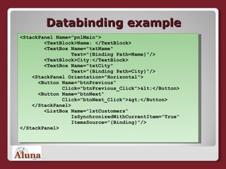Databinding example <StackPanel Name="pnlMain">   <TextBlock>Name: </TextBlock>   <TextBox Name="txtName"    Text="{Binding Path=Name}“/>   <TextBlock>City:</TextBlock>   <TextBox Name="txtCity"    Text="{Binding Path=City}“/>   <StackPanel Orientation="Horizontal">   <Button Name="btnPrevious“   Click="btnPrevious_Click"><</Button>   <Button Name="btnNext“   Click="btnNext_Click">></Button>   </StackPanel>   <ListBox Name="lstCustomers“   IsSynchronizedWithCurrentItem="True“   ItemsSource="{Binding}"/> </StackPanel> 