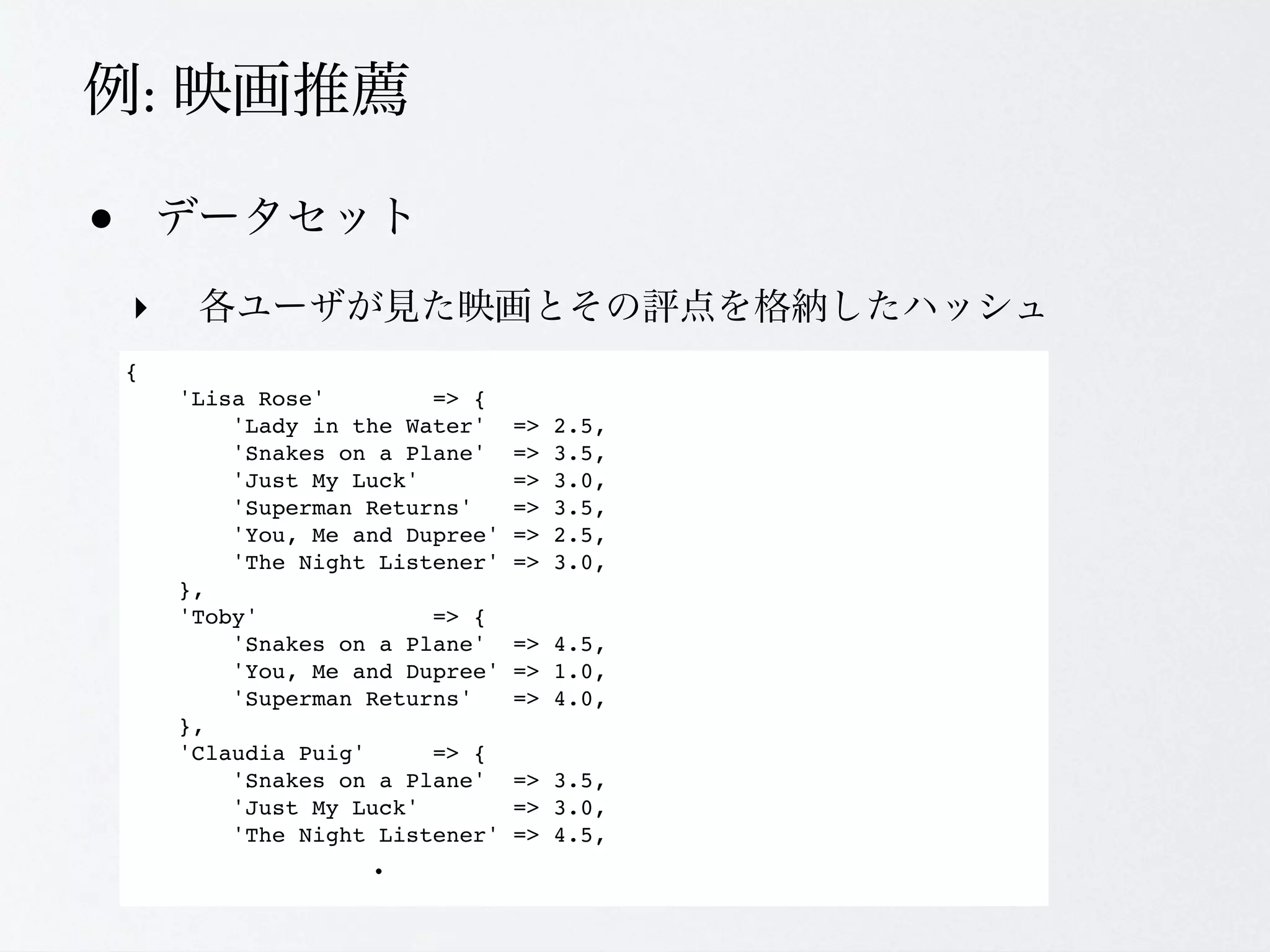 :

&bull;
    ‣
    {
            'Lisa Rose'        => {
                'Lady in the Water'    =>   2.5,
                'Snakes on a Plane'    =>   3.5,
                'Just My Luck'         =>   3.0,
                'Superman Returns'     =>   3.5,
                'You, Me and Dupree'   =>   2.5,
                'The Night Listener'   =>   3.0,
            },
            'Toby'             => {
                'Snakes on a Plane'    => 4.5,
                'You, Me and Dupree'   => 1.0,
                'Superman Returns'     => 4.0,
            },
            'Claudia Puig'     => {
                'Snakes on a Plane'    => 3.5,
                'Just My Luck'         => 3.0,
                'The Night Listener'   => 4.5,
 
