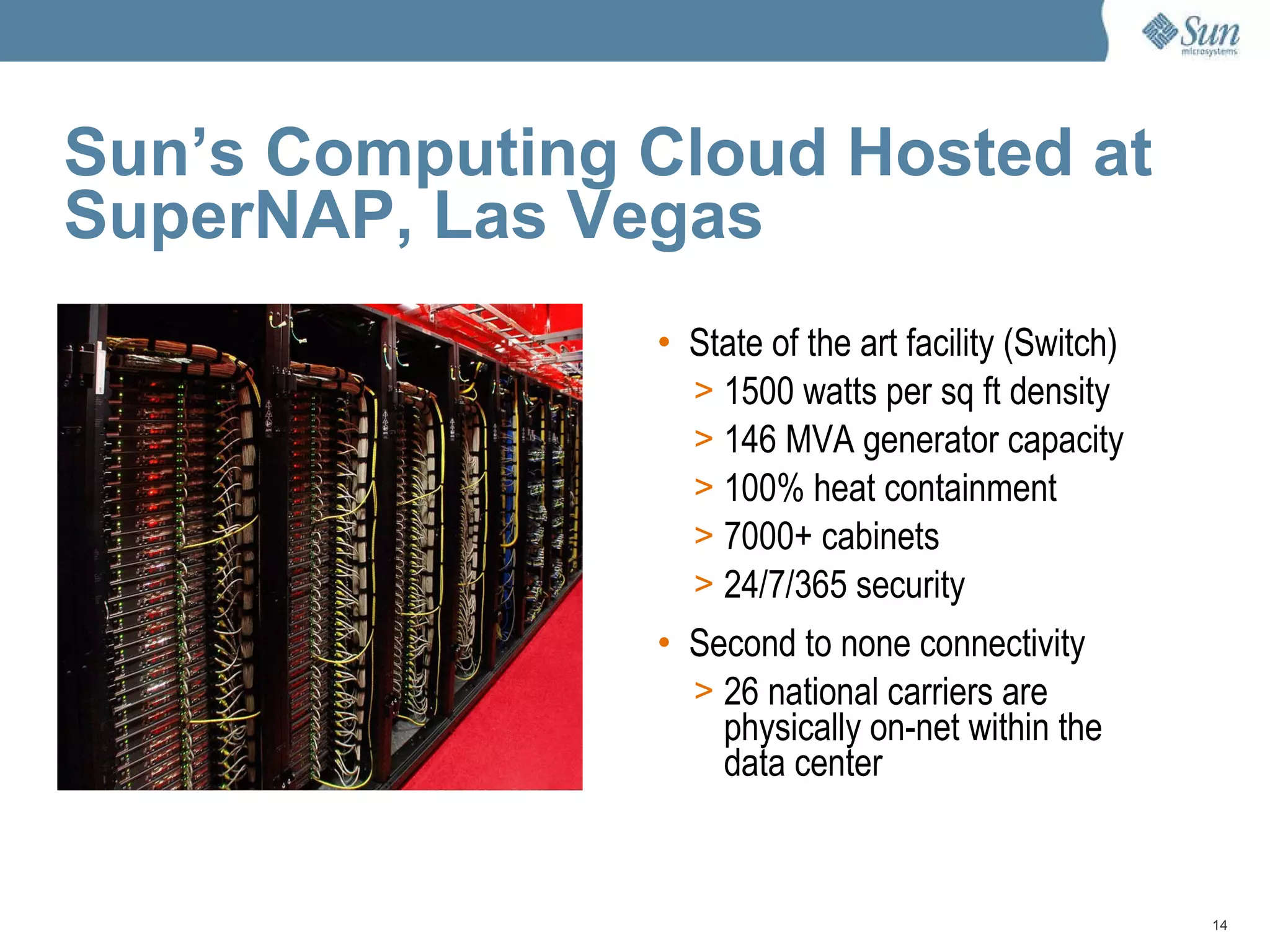 Sun’s Computing Cloud Hosted at SuperNAP, Las Vegas State of the art facility (Switch) 1500 watts per sq ft density 146 MVA generator capacity 100% heat containment 7000+ cabinets 24/7/365 security Second to none connectivity 26 national carriers are physically on-net within the data center 