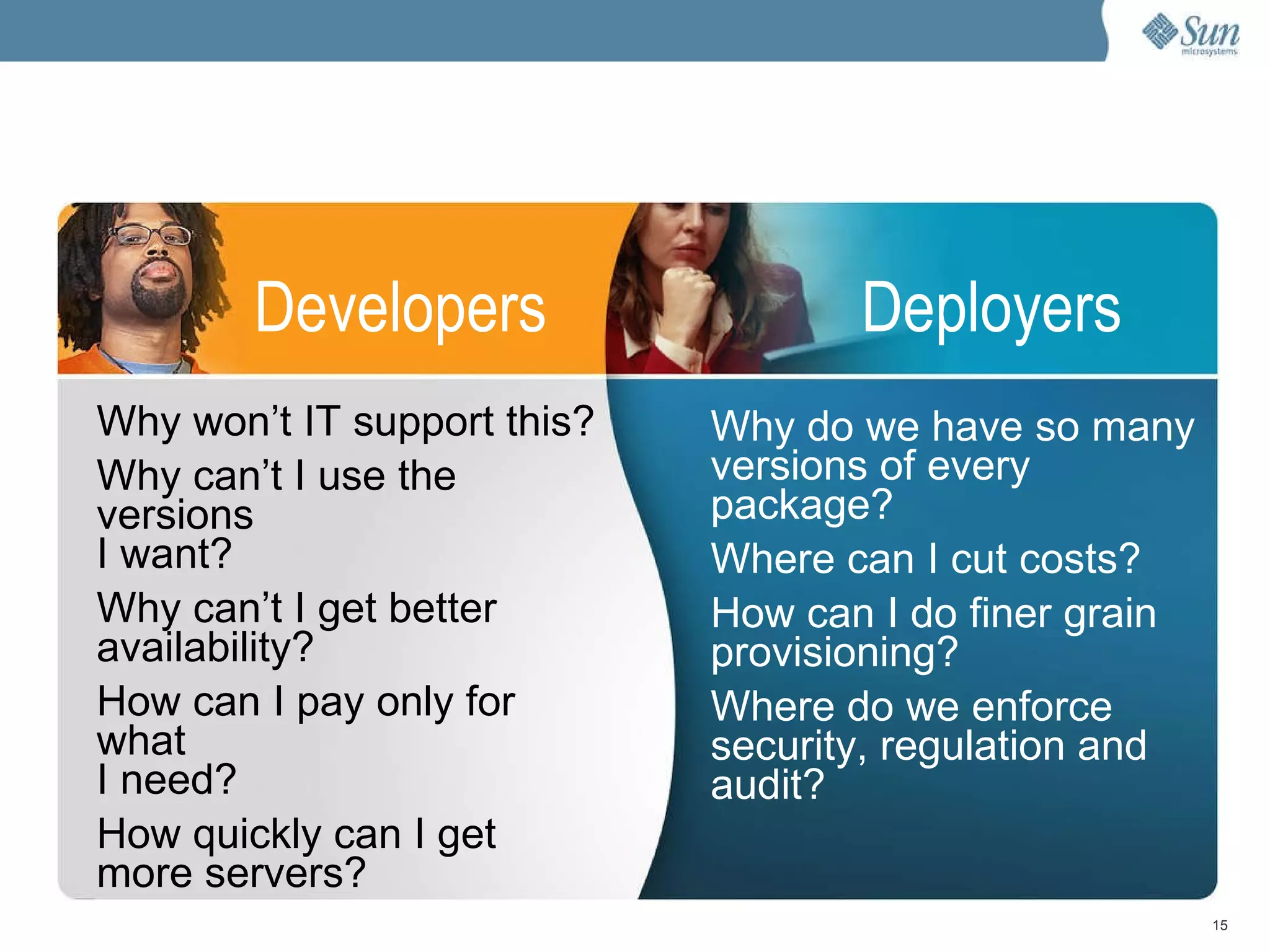 Faster time-to-market Reduction of custom software Pay only for what you use Grow infrastructure with business Faster time-to-market Reduction of custom software Pay only for what you use Grow infrastructure with business Cloud Feature Resulting Benefit Developers Deployers Why won’t IT support this? Why can’t I use the versions  I want? Why can’t I get better  availability? How can I pay only for what I need? How quickly can I get more servers? Why do we have so many versions of every package? Where can I cut costs? How can I do finer grain provisioning? Where do we enforce security, regulation and audit? 