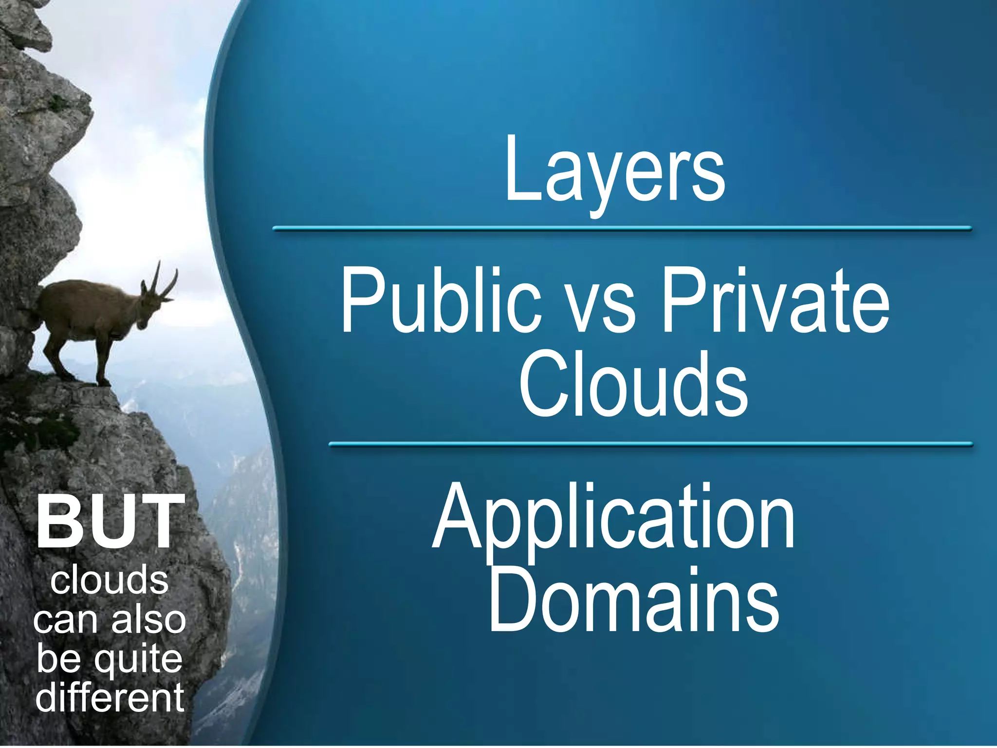Layers Public vs Private Clouds Application Domains BUT clouds can also be quite different 