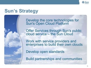 Sun’s Strategy Develop the core technologies for  Sun's Open Cloud Platform  Offer Services through Sun's public  cloud service – the Sun Cloud Work with service providers and enterprises to build their own clouds Develop open standards Build partnerships and communities 
