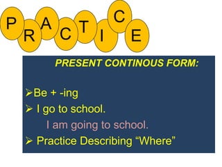 CAPTCIRE PRESENT CONTINOUS FORM:Be + -ing