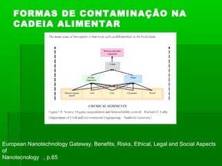 FORMAS DE CONTAMINAÇÃO NA
    CADEIA ALIMENTAR




European Nanotechnology Gateway. Benefits, Risks, Ethical, Legal and Social Aspects
of
Nanotecnology , p.65
 