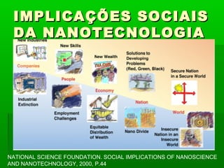 IMPLICAÇÕES SOCIAIS
 DA NANOTECNOLOGIA




NATIONAL SCIENCE FOUNDATION. SOCIAL IMPLICATIONS OF NANOSCIENCE
AND NANOTECHNOLOGY, 2000, P.44
 