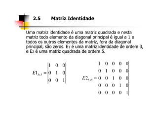Uma matriz identidade é uma matriz quadrada e nesta
matriz todo elemento da diagonal principal é igual a 1 e
todos os outros elementos da matriz, fora da diagonal
principal, são zeros. E1 é uma matriz identidade de ordem 3,
e E2 é uma matriz quadrada de ordem 5.
2.5 Matriz Identidade
00001
100
010
001
1 33 =xE
10000
01000
00100
00010
00001
2 55 =xE
 
