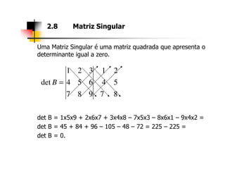 Uma Matriz Singular é uma matriz quadrada que apresenta o
determinante igual a zero.
2.8 Matriz Singular
5
2
4
1
654
321
det =B
det B = 1x5x9 + 2x6x7 + 3x4x8 – 7x5x3 – 8x6x1 – 9x4x2 =
det B = 45 + 84 + 96 – 105 – 48 – 72 = 225 – 225 =
det B = 0.
87987
 