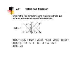 Uma Matriz Não-Singular é uma matriz quadrada que
apresenta o determinante diferente de zero.
2.9 Matriz Não-Singular
1
2
1
1
611
221
det =C
det C = 1x1x5 + 2x6x4 + 2x1x3 – 4x1x2 – 3x6x1 – 5x1x2 =
det C = 5 + 48 + 6 – 8 – 18 – 10 = 59 – 36 =
det C = 23
34534
 