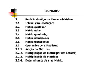 SUMÁRIO
2. Revisão de Álgebra Linear – Matrizes:
2.1. Introdução - Notação:
2.2. Matriz qualquer;
2.3. Matriz nula;
2.4. Matriz quadrada;
2.5. Matriz identidade;
2.6. Matriz transposta;
2.7. Operações com Matrizes:
2.7.1. Adição de Matrizes;
2.7.2. Multiplicação de Matriz por um Escalar;
2.7.3. Multiplicação de Matrizes
2.7.4. Determinante de uma Matriz;
 
