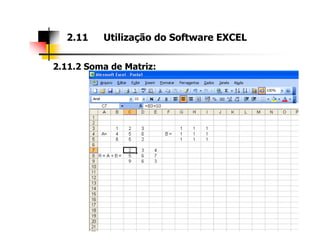 2.11.2 Soma de Matriz:
2.11 Utilização do Software EXCEL
 