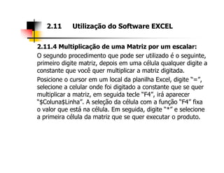 2.11.4 Multiplicação de uma Matriz por um escalar:
O segundo procedimento que pode ser utilizado é o seguinte,
primeiro digite matriz, depois em uma célula qualquer digite a
constante que você quer multiplicar a matriz digitada.
Posicione o cursor em um local da planilha Excel, digite “=”,
selecione a celular onde foi digitado a constante que se quer
2.11 Utilização do Software EXCEL
selecione a celular onde foi digitado a constante que se quer
multiplicar a matriz, em seguida tecle “F4”, irá aparecer
“$Coluna$Linha”. A seleção da célula com a função “F4” fixa
o valor que está na célula. Em seguida, digite “*” e selecione
a primeira célula da matriz que se quer executar o produto.
 