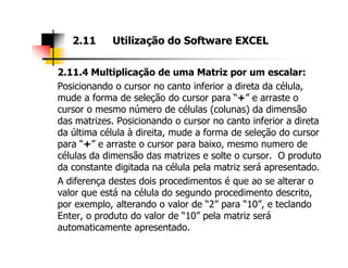 2.11.4 Multiplicação de uma Matriz por um escalar:
Posicionando o cursor no canto inferior a direta da célula,
mude a forma de seleção do cursor para “+” e arraste o
cursor o mesmo número de células (colunas) da dimensão
das matrizes. Posicionando o cursor no canto inferior a direta
da última célula à direita, mude a forma de seleção do cursor
2.11 Utilização do Software EXCEL
da última célula à direita, mude a forma de seleção do cursor
para “+” e arraste o cursor para baixo, mesmo numero de
células da dimensão das matrizes e solte o cursor. O produto
da constante digitada na célula pela matriz será apresentado.
A diferença destes dois procedimentos é que ao se alterar o
valor que está na célula do segundo procedimento descrito,
por exemplo, alterando o valor de “2” para “10”, e teclando
Enter, o produto do valor de “10” pela matriz será
automaticamente apresentado.
 