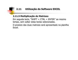 2.11.5 Multiplicação de Matrizes:
Em seguida tecle, “SHIFT + CTRL + ENTER” ao mesmo
tempo, sem soltar estas teclas selecionadas.
O produto das duas matrizes será apresentado na planilha
Excel.
2.11 Utilização do Software EXCEL
 