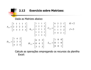 Dada as Matrizes abaixo:
2.12 Exercício sobre Matrizes:
3 5
1 1 1 1 1
2 2 2 2 2
3 3 3 3 3
xA
 
 =  
   5 4
1 1 1 1
2 2 2 2
1 2 1 2
1 2 3 1
2 1 2 1
xB
 
 
 
 =
 
 
  
4 4
4 3 2 1
1 2 3 4
1 1 1 2
3 4 2 1
xC
 
 
 =
 
 
 
2K =
3J =
Calcule as operações empregando os recursos da planilha
Excel:
2 1 2 1  










=
524
532
241
33xD










=
313
240
356
33xH










=
100
010
001
33xL
 