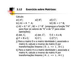 Calcule:
a1) AT; a2) BT; a3) CT;
b1) A1 = K * A; b2) B1 = J * B;
c) A2 = K * AT ; B2 = J * BT (empregue a função “F4”
para fixar os valores de “K” e de “J” para estas
operações);
2.12 Exercício sobre Matrizes:
operações);
d) det. C; e) det. CT; f) E = A x B;
g) F = B x C; h) C-1; i) (CT)-1;
j) Para a matriz D e a matriz identidade L associada a
matriz D, calcule o inverso da matriz D por
transformações lineares ( D . L => L . D-1 ).
k) Para a matriz H e a matriz identidade L associada a
matriz H, calcule o inverso da matriz H por
transformações lineares ( H . L => L . H-1 ).
 