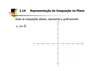Dado as inequações abaixo, represente-a graficamente:
2.16 Representação de Inequação no Plano
0>=x
2
3
4
y
−4 −3 −2 −1 1 2 3 4 5
−4
−3
−2
−1
1
x
 